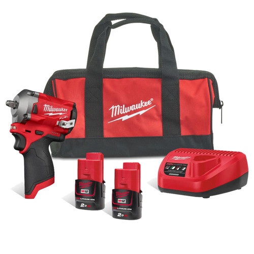 Milwaukee M12 FIW38 12V FUEL Brushless 3/8" Impact Wrench, 2x 2.0Ah Batteries, Charger & Bag image