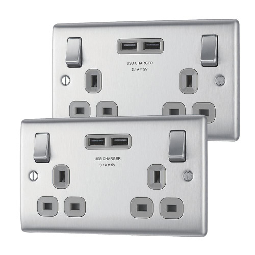 BG NEXUS Metal Brushed Steel Double Switched 13A Socket With USB Charging - (4.2A) (Grey Insert) image