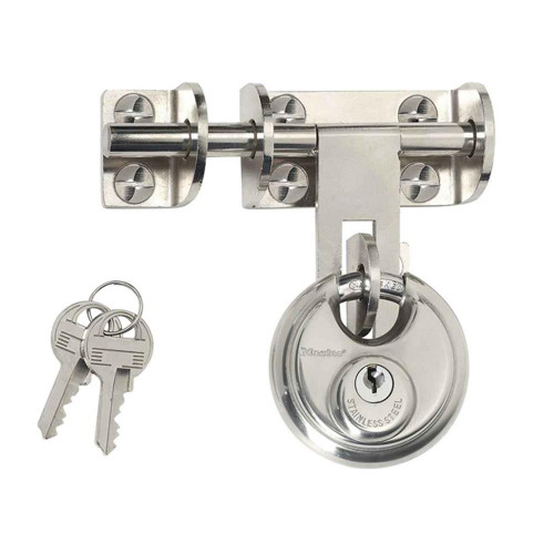 Master Lock Set of 116mm long chrome plated steel bolt hasp & 60mm stainless discus padlock image