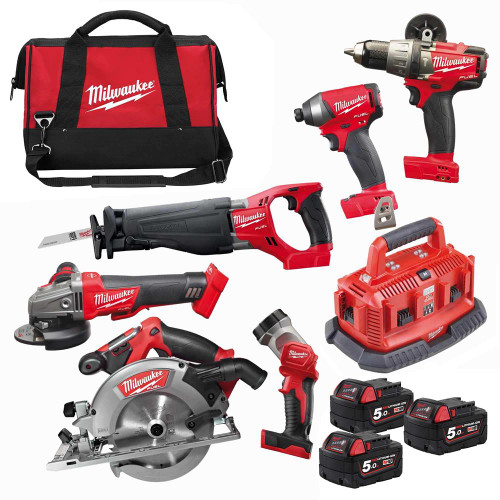 Milwaukee 4933451259 18v M18 FUEL 6 Piece Kit with 3 x 5Ah Batteries, Multibay Charger and Bag