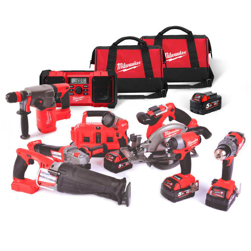 18v M18 FUEL 8 Piece Kit with 4 x 5Ah Batteries, Multibay Charger and 2 x Bags image