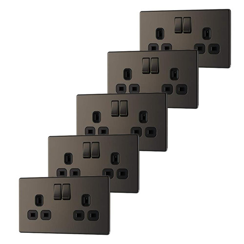 BG Black Nickel 13A 2 Gang Double Pole Switched Socket - Pack of 5 image