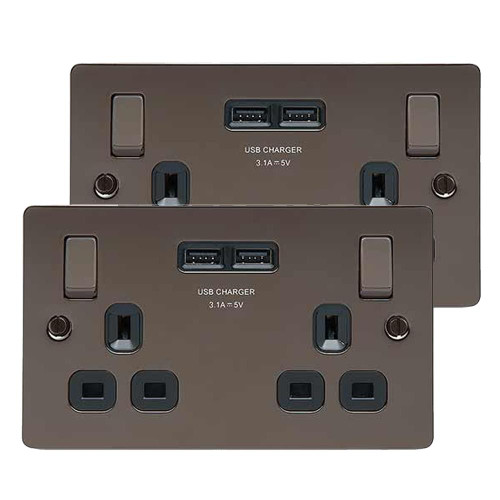 BG Black Nickel 13A 2 Gang Switched Socket + USB - Pack of image