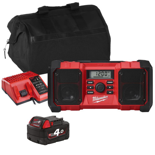 Milwaukee M18 JSR 18V AM/FM Jobsite Radio with 1x 4.0Ah Battery, Charger & Bag image