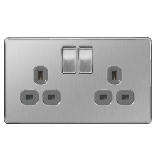 BG Brushed Steel 13A 2 Gang Double Pole Switched Socket - Grey