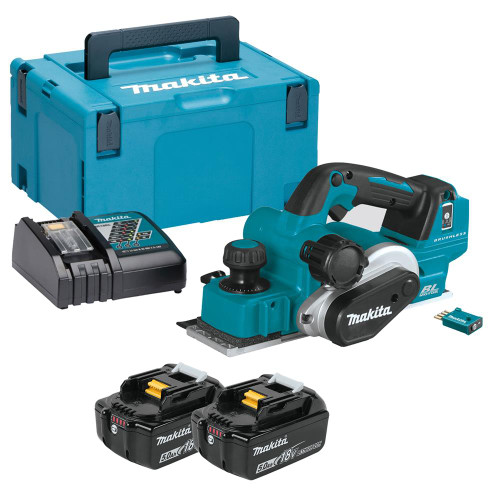 Makita 18v LXT Brushless Planer with AWS, 2 x 5Ah Batteries, Charger and Case image