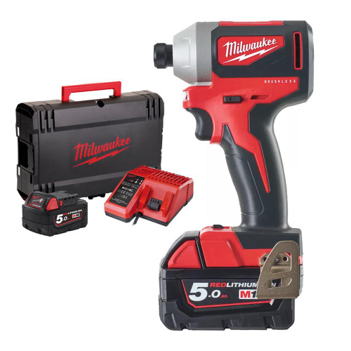Milwaukee M18 BLID2 18V Brushless Impact Driver with 2x 5.0Ah Batteries, Charger & Case image