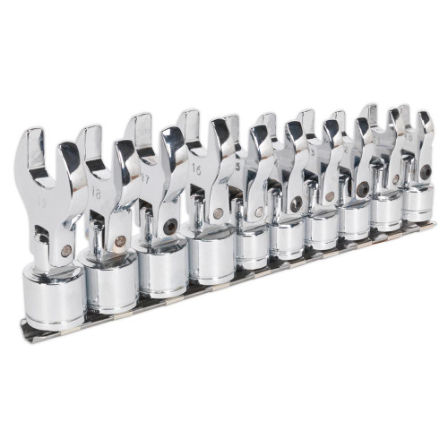 Sealey 3/8'' Square Drive Metric Flexible Crow's Foot Open End Spanner Set 10 Piece image
