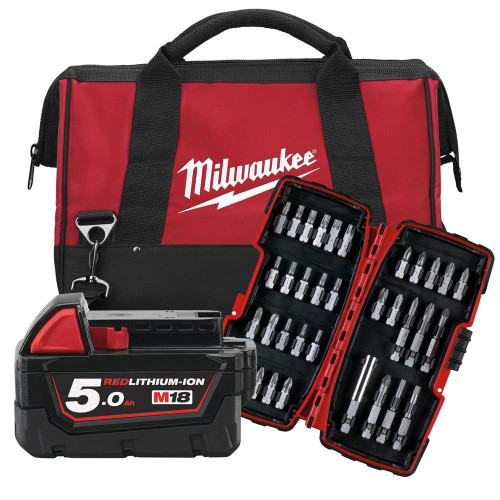 Milwaukee 5.0Ah Battery, Screwdriver Bit Set and Toolbag image