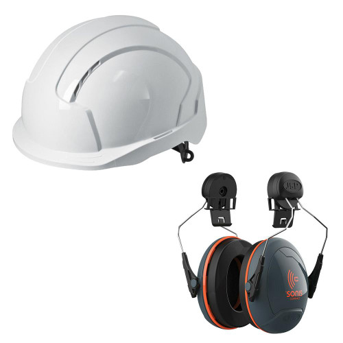 JSP EVOLite Mid Peak Slip Ratchet White Vented Helmet with Sonis SNR 31 Compact Ear Defenders