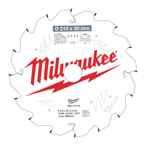Milwaukee 210mm 16T Wood Cutting Mitre Saw Blade image Milwaukee 210mm 16T Wood Cutting Mitre Saw Blade image