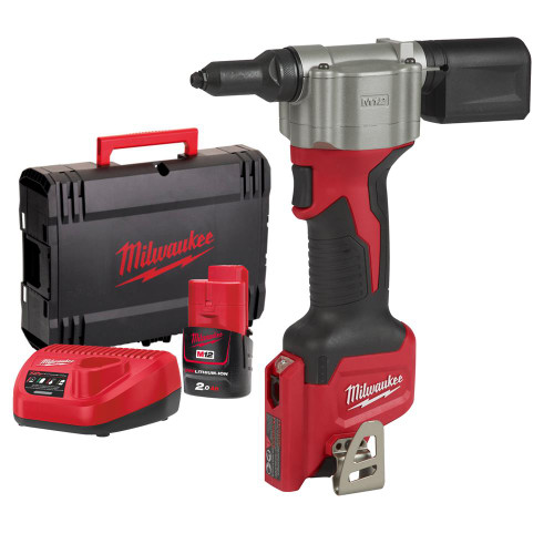 Milwaukee M12 BPRT-201X 12V Sub Compact Rivet Tool with 1x 2.0Ah Battery, Charger & Case