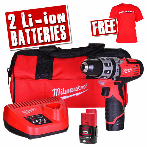 Milwaukee 12v RED Li-ion Hammer Drill Driver - 2 x 2.0Ah Batteries