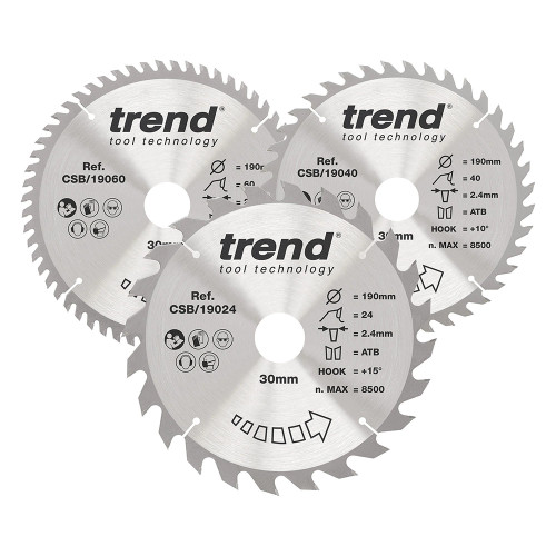 Trend CSB/190/3PK 3 Piece 190mm x 30mm 24T/40T/60T Circular Saw Blade Set image