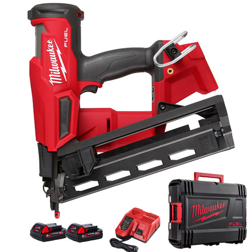 Milwaukee M18 FN16GA-202X 18V FUEL Brushless 16G Second Fix Angled Nail Gun, 2x 2.0Ah Batteries, Charger & Case image