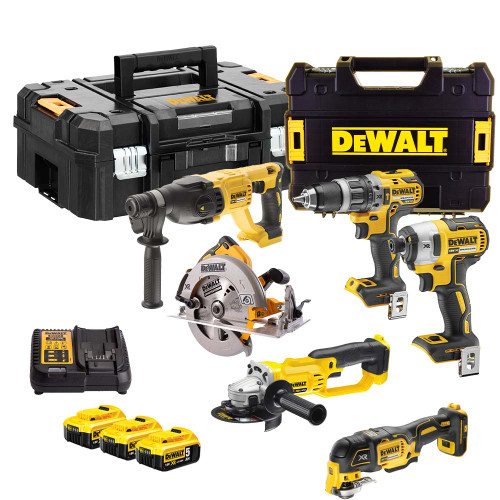 Dewalt 18V XR 6 Piece Kit with 3x 5.0Ah Batteries, Charger and 2x Cases image