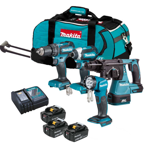 Makita DLX4138TX1 18V LXT 4 Piece Brushless Kit with 3x 5.0Ah Batteries, Charger & Bag image
