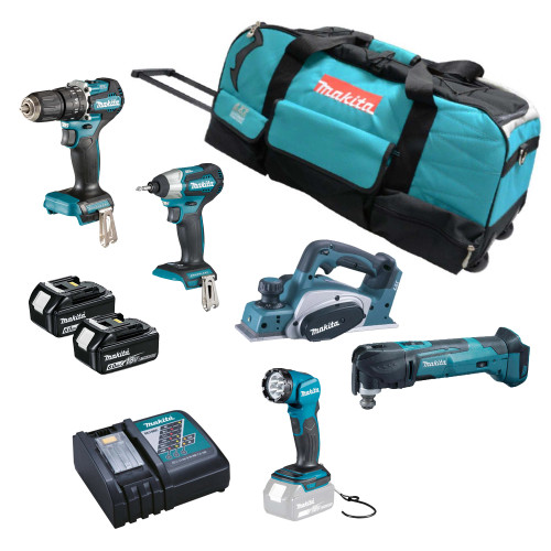 Makita 18V LXT 5 Piece Kit with 2 x 6.0Ah  Batteries, Charger & Wheeled Toolbag