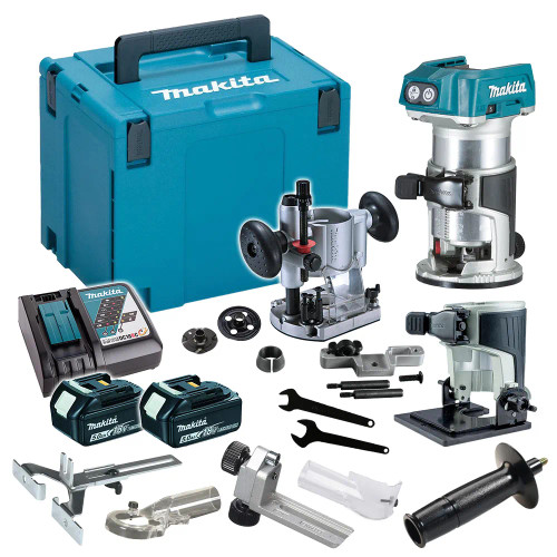 Makita DRT50RTJX2 18V LXT Brushless Router Trimmer, 2x 5.0Ah Batteries, Charger & Case image