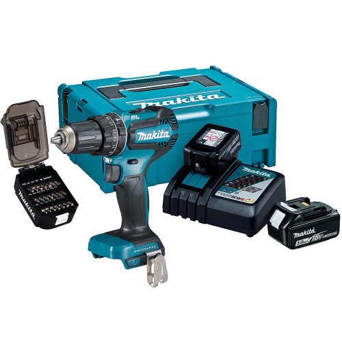 Makita DHP485TJX8 18V BL Combi Drill with 2x 5.0Ah Batteries, Charger, Case & Bit Set image