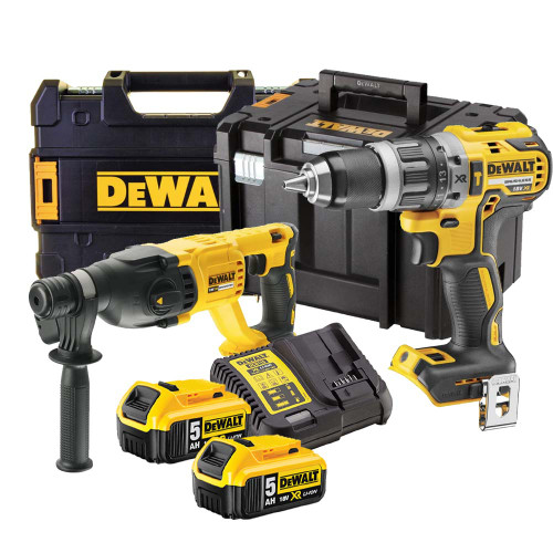 Dewalt DCD796 18V XR Brushless Combi Drill, DCH133 18V XR SDS+ Hammer Drill, 2x 5.0Ah Batteries, Charger & 2x TSTAK Cases image