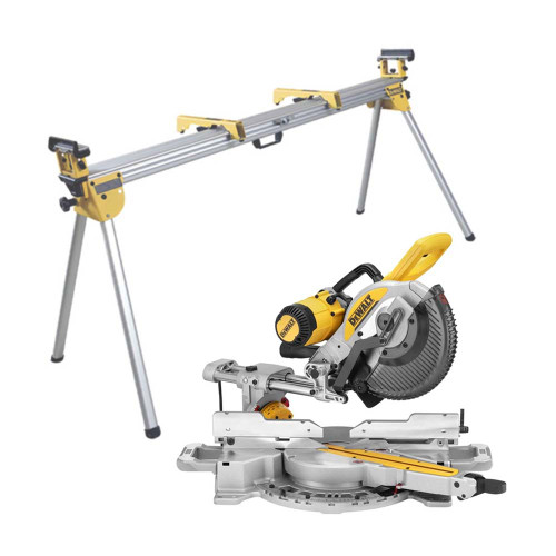 Dewalt DWS727-GB 250mm Double Bevel Mitre Saw with XPS + DE7023 Universal Extendable Saw Stand image