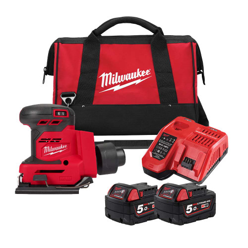 Milwaukee M18 BQSS-502B Quarter Sheet Sander, 2x 5.0Ah Batteries, Charger & Bag image