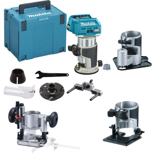 Makita RT001GZ16 40V XGT Brushless Router Trimmer - Body, Trimmer Guide, Straight Guide, Template Guide, Offset Base, Plunge Base, Tilt Base & MAKPAC Case image