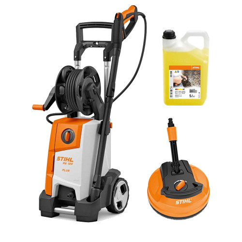 STIHL RE 120 PLUS Electric Pressure Washer, RA 90 PLUS Cleaning Head & 5L Stone Cleaner image