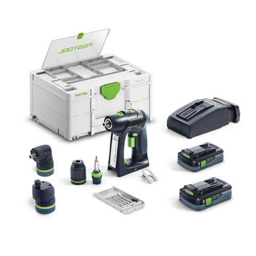 Festool C 18 18V Brushless Combi Drill, 2x 4.0Ah Batteries, Interchangable Heads, Charger & Case image