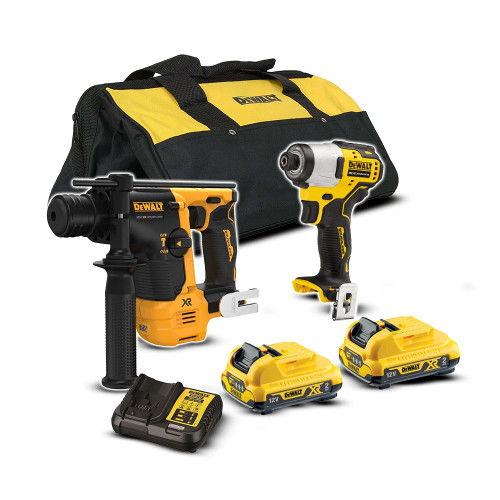 Dewalt 2 Piece 12V Brushless Impact Driver & SDS Drill, 2x 2.0Ah Batteries, Charger & Duffel Tool Bag image