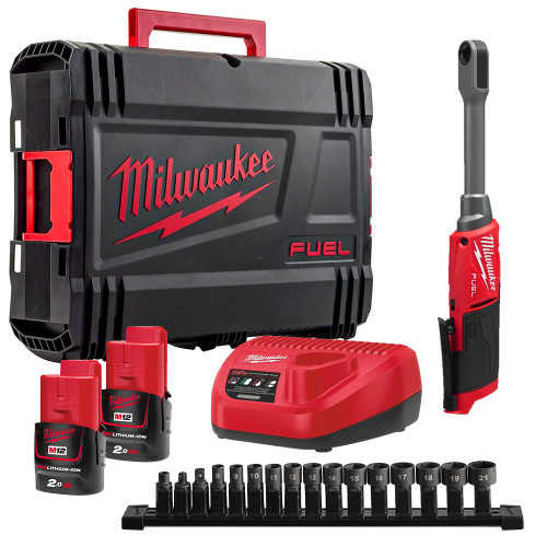 Milwaukee M12 FPTR-202X 12V FUEL Brushless Pass Through Ratchet, 2 x 2.0Ah Batteries, Charger & Case image