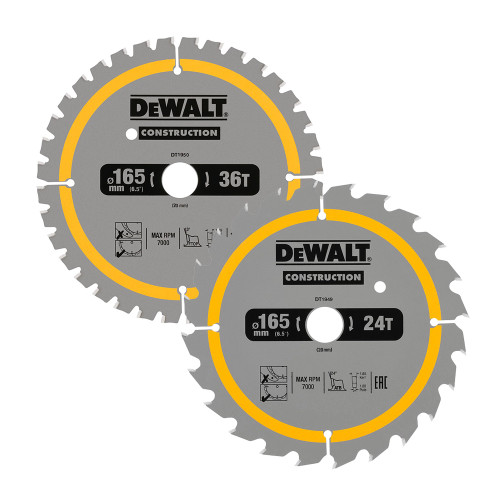 Dewalt DT90270-QZ 165mm x 20mm 24T & 36T Construction Circular Saw Blades image