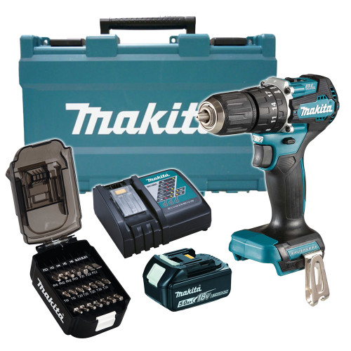 Makita DHP487 18V LXT Brushless Combi Drill, 1x 5.0Ah Battery, Charger, Case & 21 Piece Screwdriver Bit Set in Battery Shaped Case image