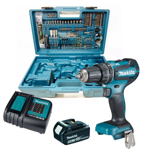 Makita DHP485STX5 18V LXT Brushless Combi Drill, 101 Piece Bit & Accessory Set, 1x 5.0Ah Battery, Charger, & Carry Case image