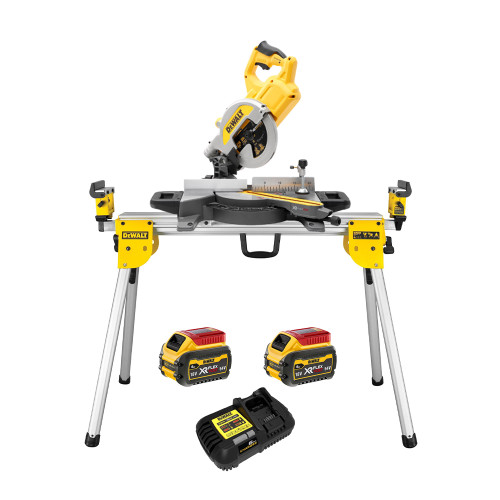 Dewalt DCS777T2 54V XR FLEXVOLT 216mm Mitre Saw, 2x 6.0Ah XR FLEXVOLT Batteries, Charger & DE7033 Compact Universal Extendable Saw Stand image