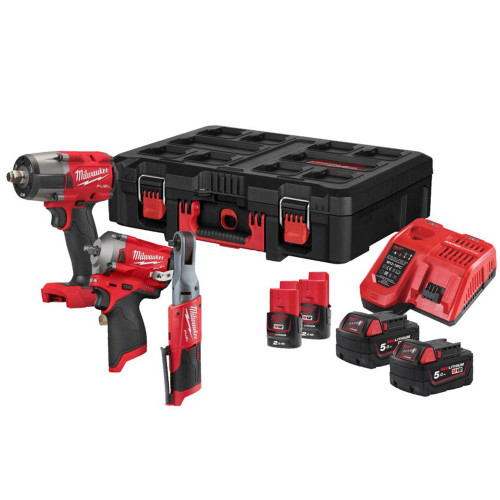 Milwaukee M18 FPP3N2-524P 3 Piece FUEL Brushless Automotive Power Tool Set, 2x 5.0Ah 18V Batteries, 2x 2.0Ah 12V Batteries, MultiVolt Fast Charger & PACKOUT Case image
