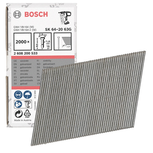 Bosch SK64 63 x 2.8mm 20° 16G Finish Nails - Pack of 2000 image