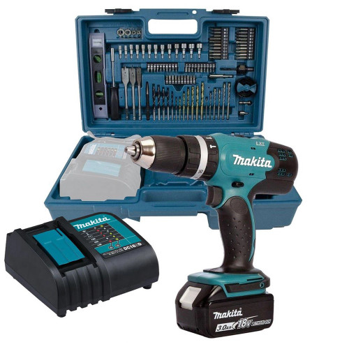 Makita DHP453F002 18V LXT Combi Drill, 1x 3.0Ah Battery, Charger, Case & 101 Piece Accessory Set image