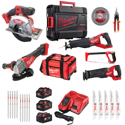 Milwaukee 3 Piece M18 FUEL Brushless Power Tool & Hand Tool Metal Working Kit, 3x Batteries, 2x Chargers & Rolling Bag image
