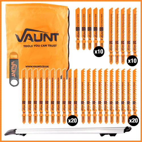 Vaunt 60 Piece Mixed Jigsaw Blade, Clamp Guide 600mm, Bottle Opener & Drawstring Bag image