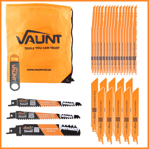 Vaunt 28 Piece Reciprocating Saw Blade Set for Demolition, Wood & Metal with Bottle Opener & Drawstring Bag image