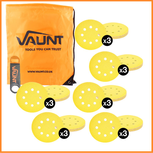 Vaunt 180 Piece 125mm Yellow Oxide Sanding Discs,  Bottle Opener & Drawstring Bag image