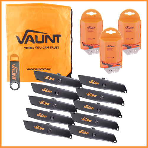 Vaunt 10 Piece Black Retractable Utility Knifes, 300x Spare Blades, Bottle Opener & Drawstring Bag image