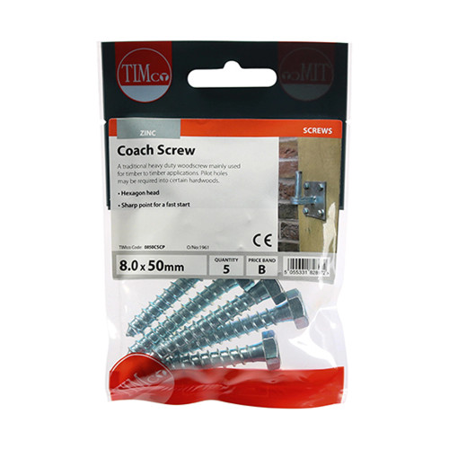 Timco 8.0 x 50mm Coach Screw - Pack of 5 image