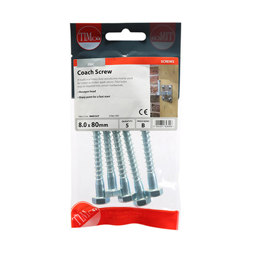 Timco 8.0 x 80mm Coach Screw - Pack of 5 image