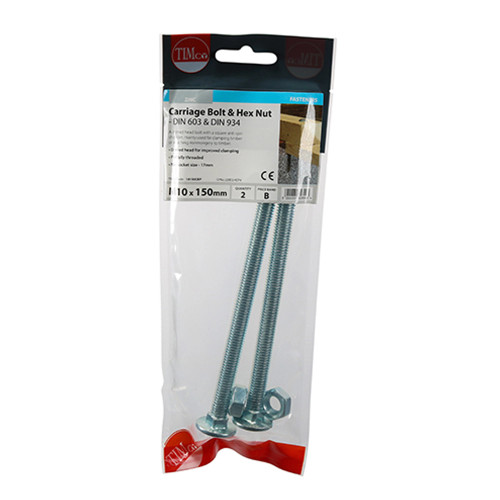Timco M10 x 150mm Carriage Bolt & Hex Nut - Pack of 2 image
