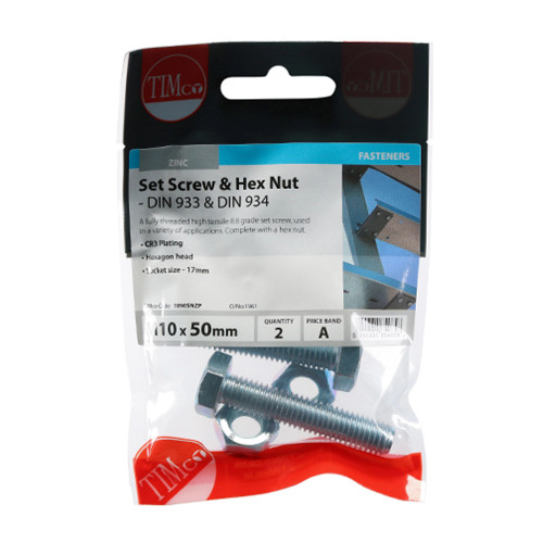 Timco M10 x 50 Set Screw & Hex Nut - Pack of 2 image