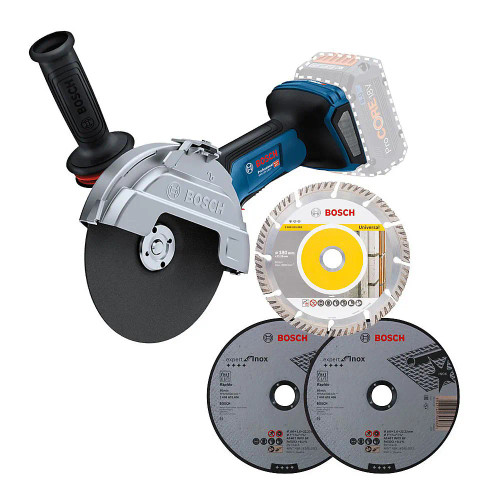 Bosch GWS 18V-180 P 18V BITURBO Brushless 180mm Angle Grinder - Body, 2x Cutting Discs & 1x Diamond Blade image