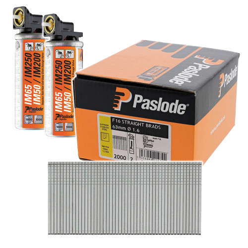 Paslode 921596 16G x 63mm Stainless Steel Brad Nails for IM65 - Pack of 2000 & 2x Fuel Cells image